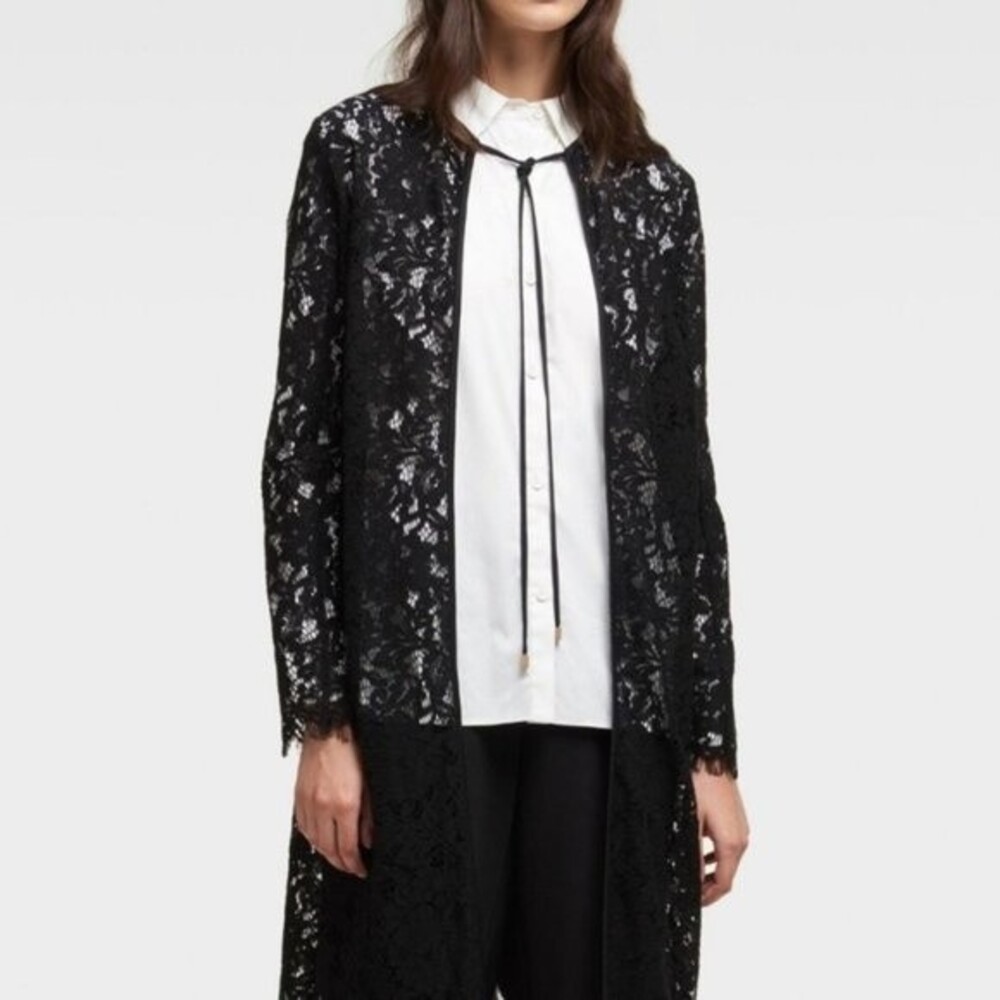 DKNY Women's Black Lace Tie-Neck Duster Jacket Swim Cover Up - M/L - Versatile